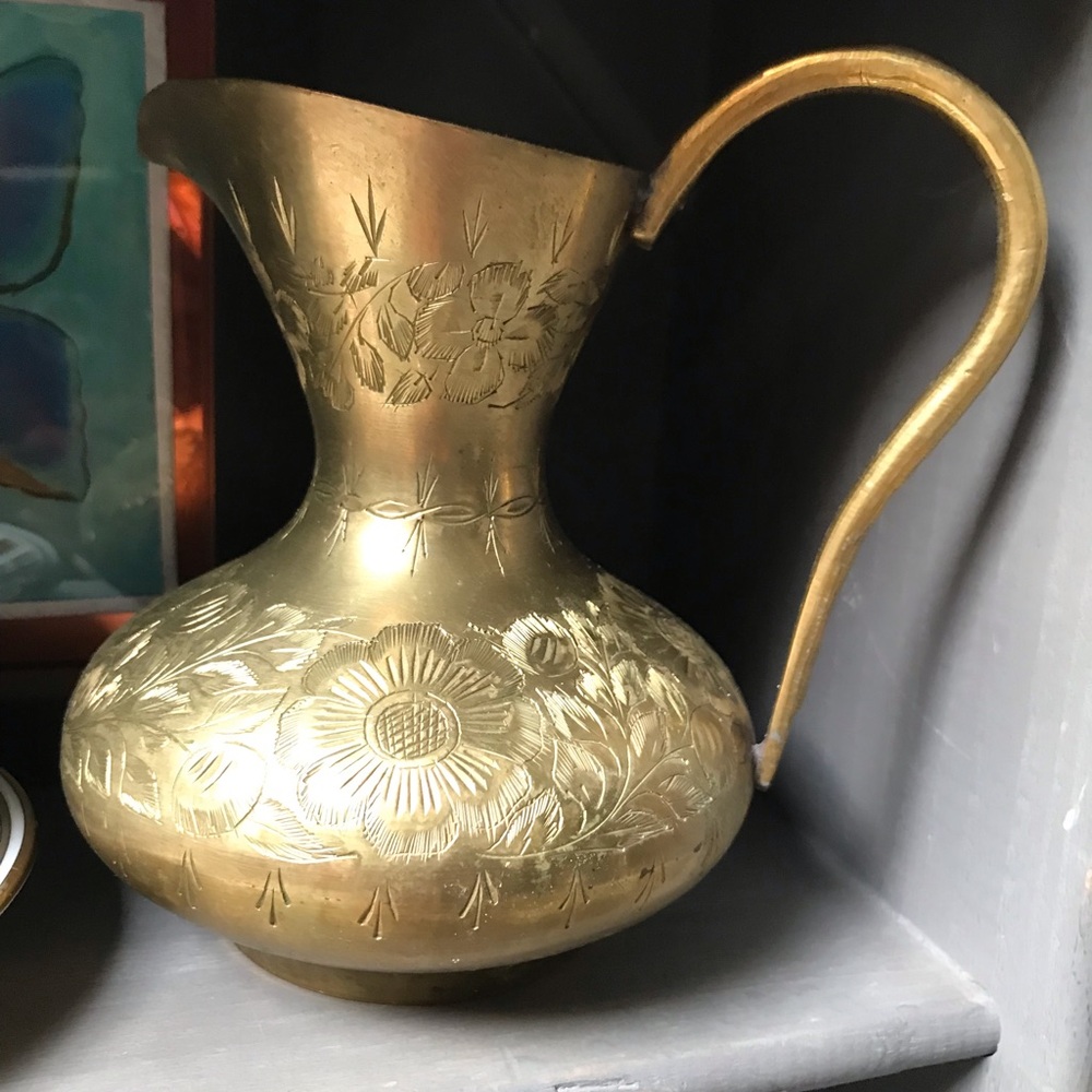 Brass Floral Engraved Pitcher - Gold Decorative Accent